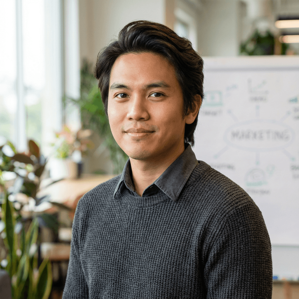 David Chen in a business casual outfit in a modern office