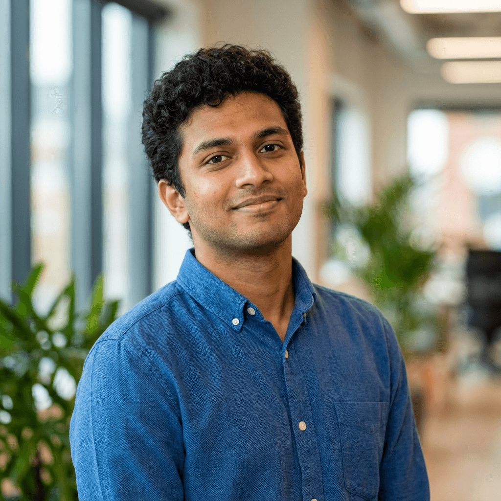 male business professional in mid 30s asian smiling in modern workspace