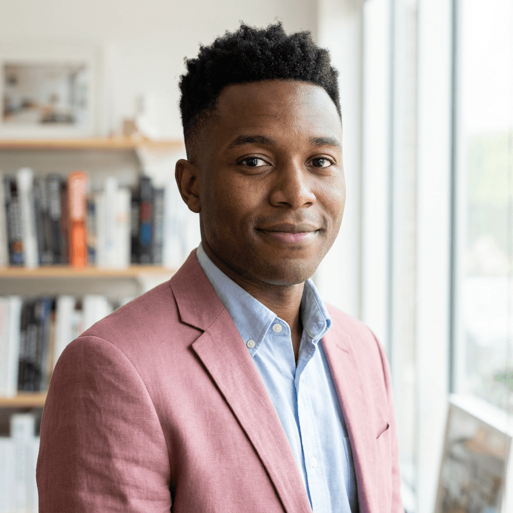 Male marketing professional in early 30s smiling at trade show booth