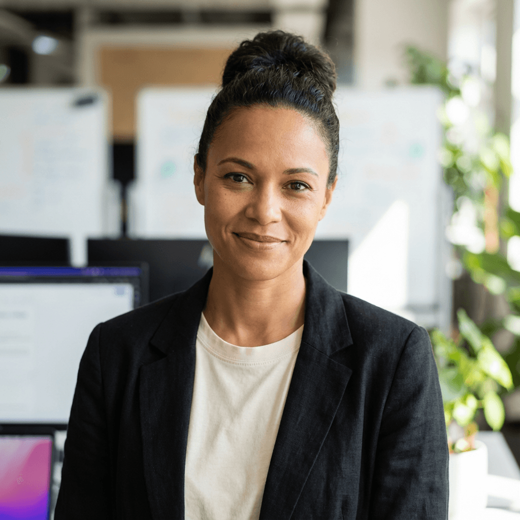 Female office manager in her mid 40s smiling in modern office