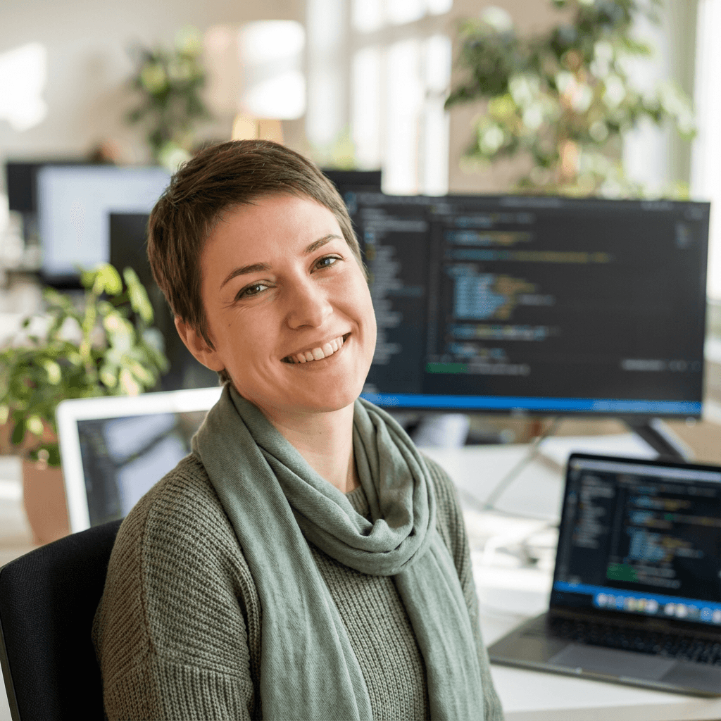 female marketing professional in early 30s white smiling in modern office