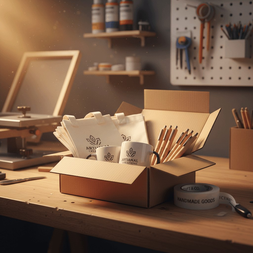 A box of custom printed promotional items in a workshop