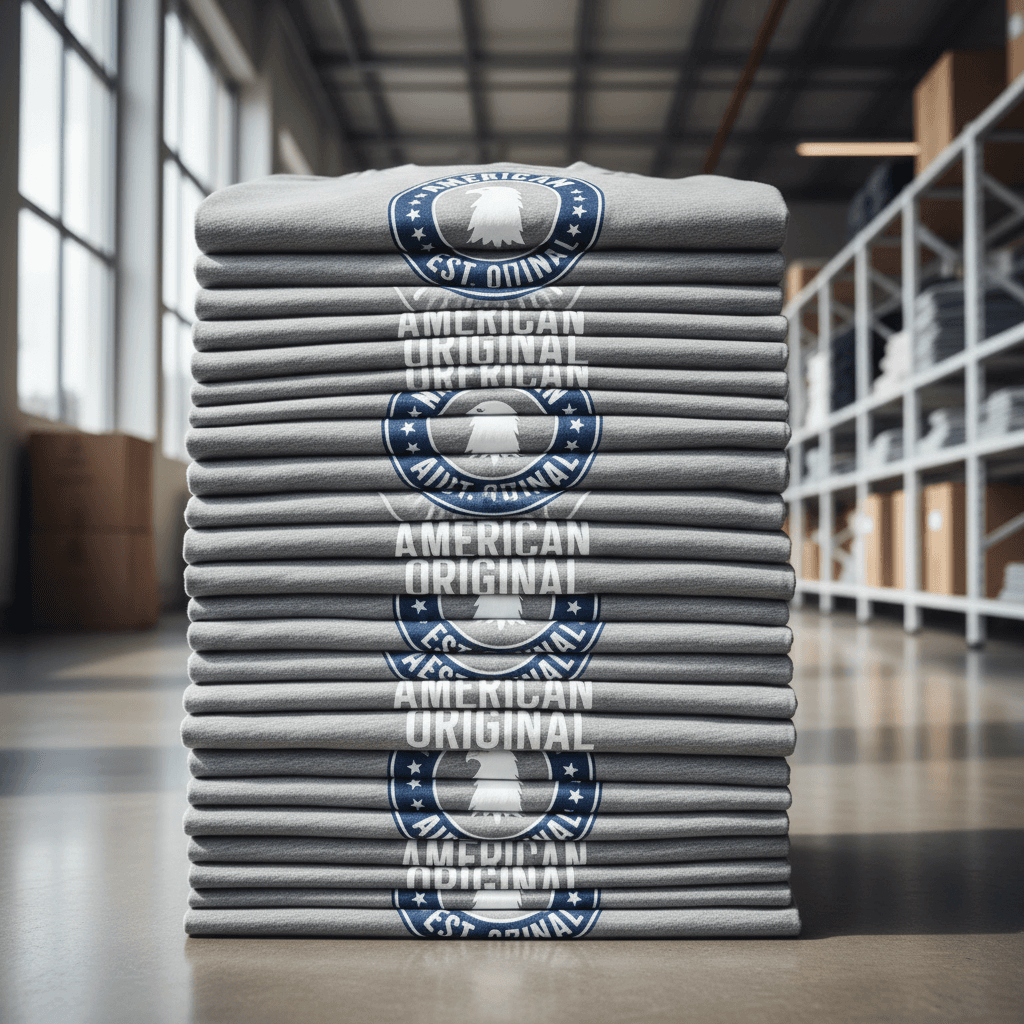 Stacked t-shirts with printed logo on a warehouse table