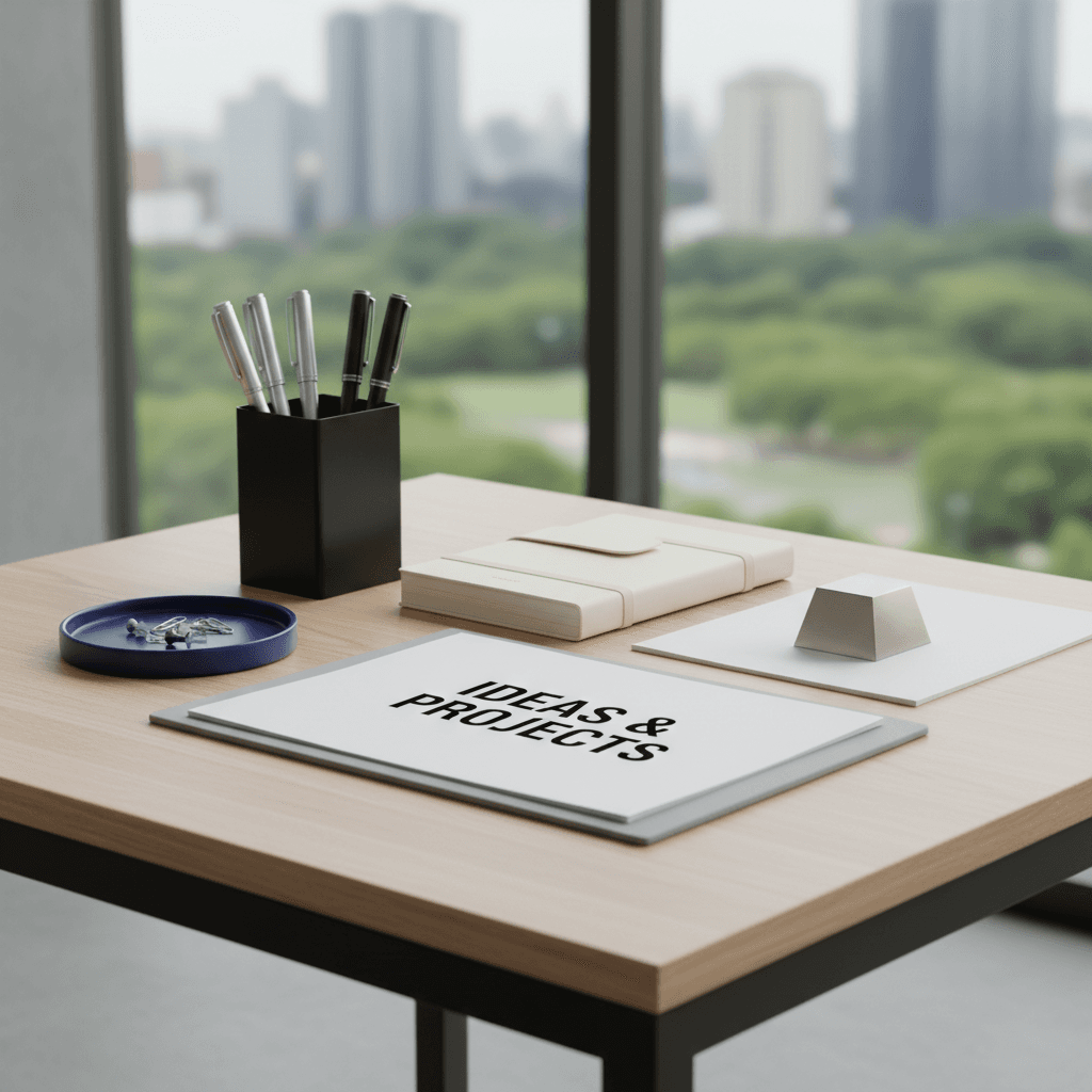 Pens, notebooks, and a small tool on a bright workspace