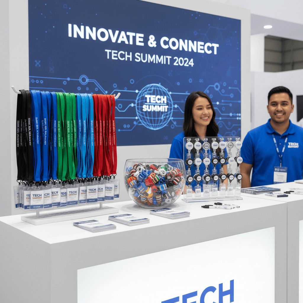 Lanyards and badges arranged on a trade show counter