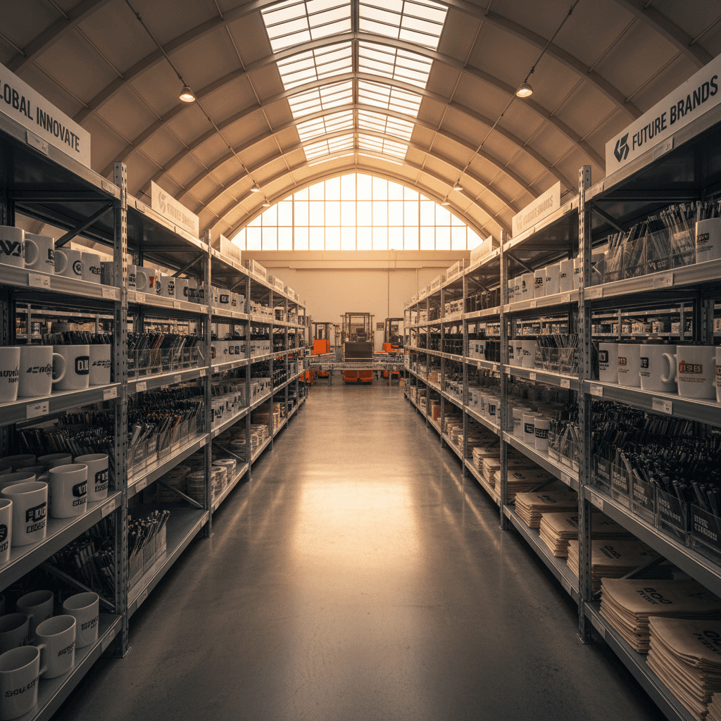 Bright warehouse interior with shelves of branded promotional products