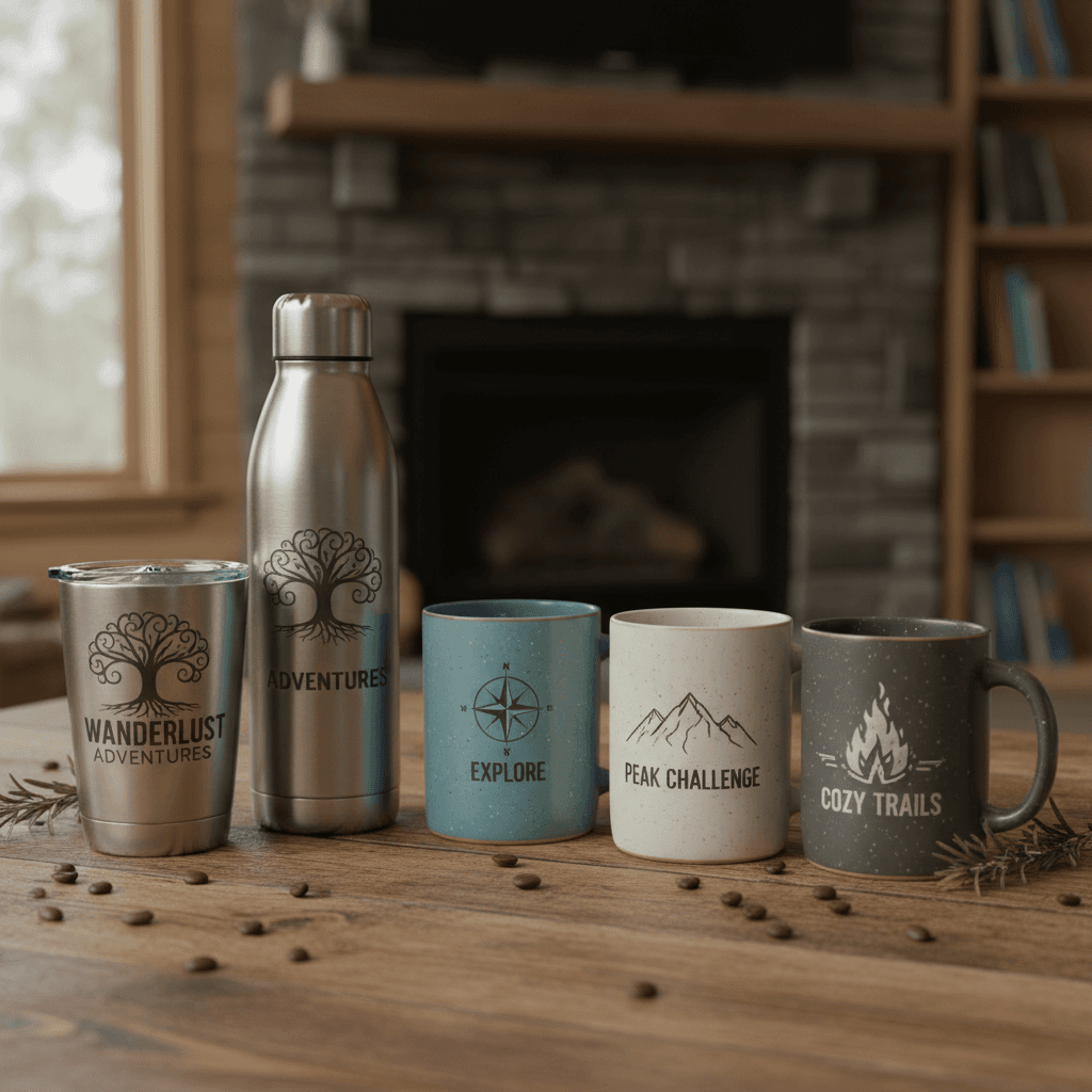 Engraved mugs and bottles arranged on a wooden surface