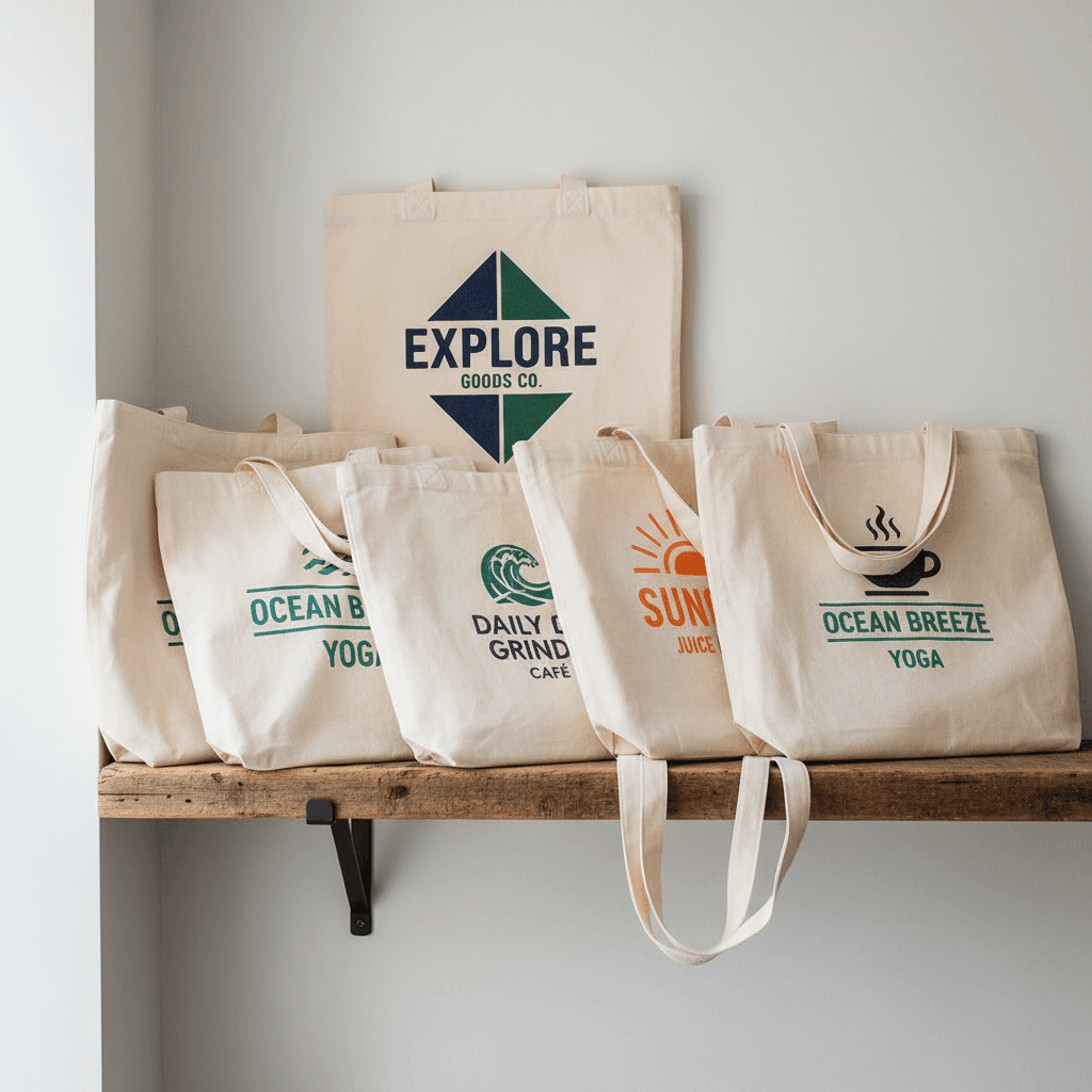 Canvas tote bags with logos stacked on a shelf