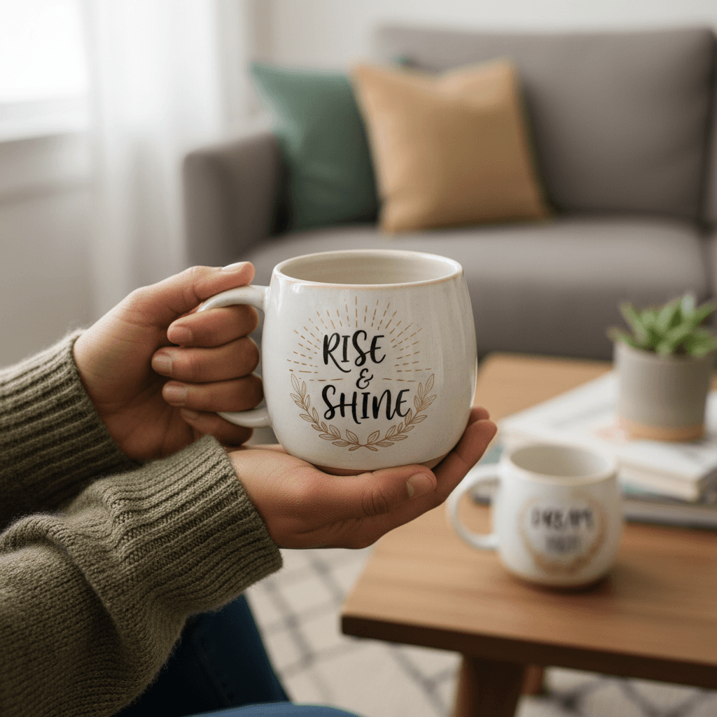 Branded drinkware with company logos on a shelf