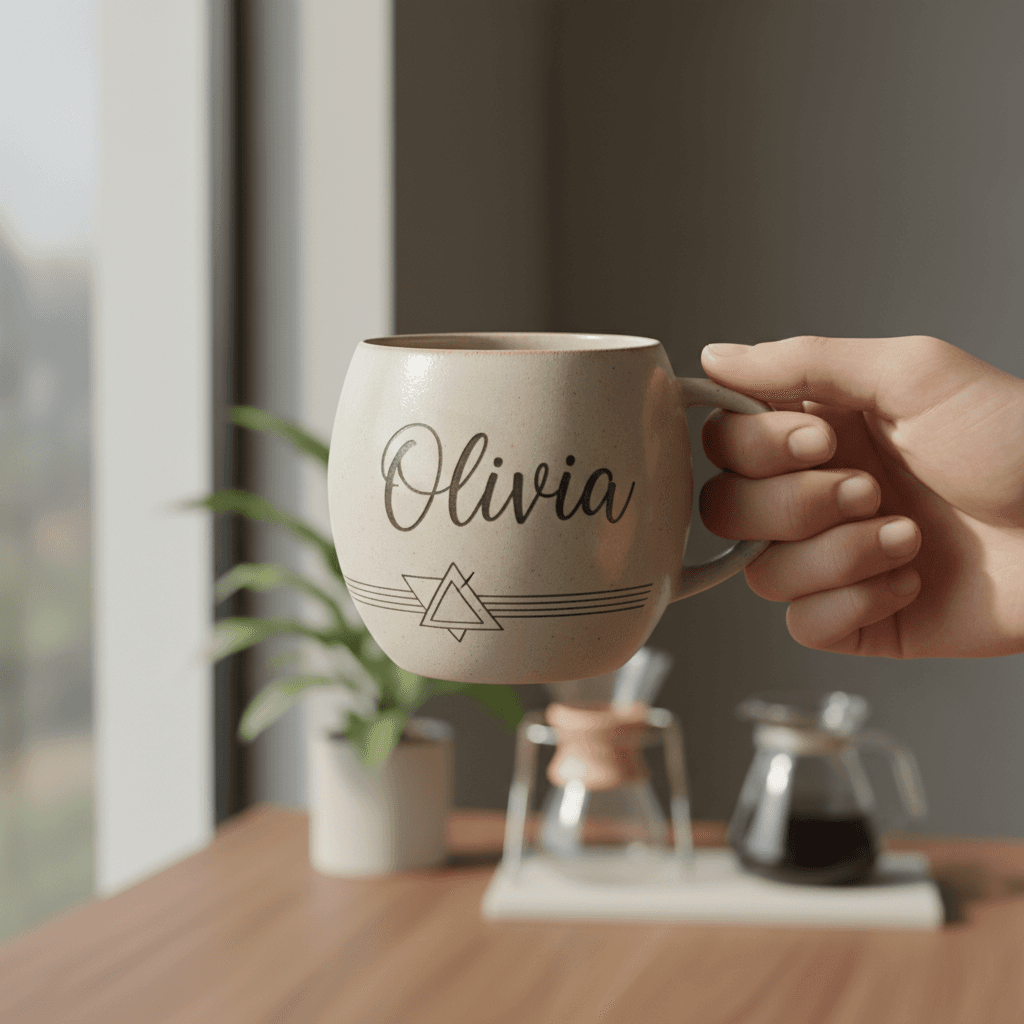 Custom printed coffee mug and tumbler with logo on desk