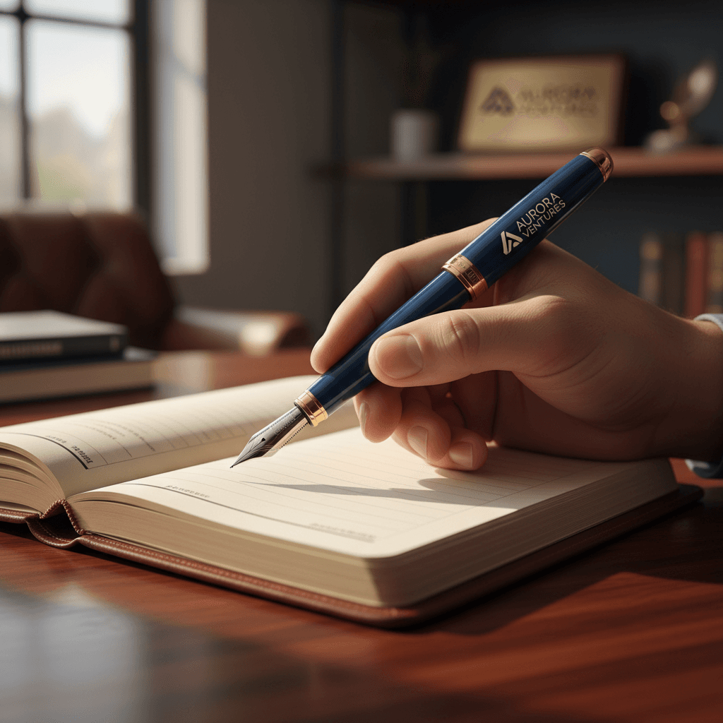Person writing with a branded promotional pen
