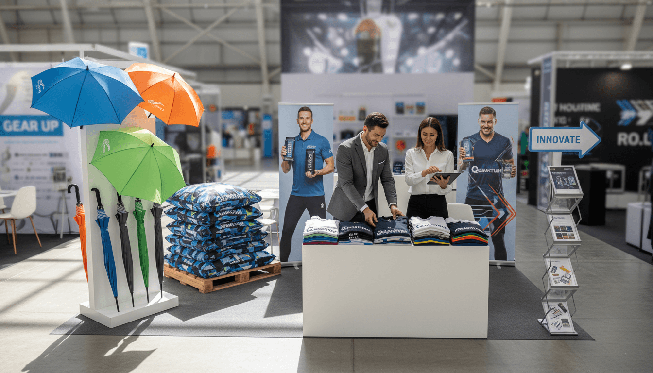 Trade show booth with branded banner and giveaway items