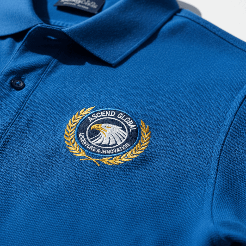 Embroidered polo shirts with company logo on a rack
