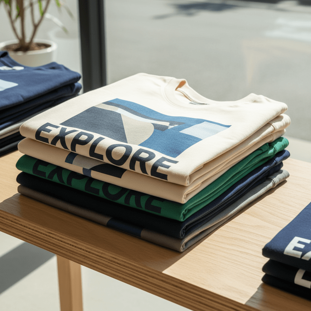 Stack of custom embroidered t-shirts and caps on shelf